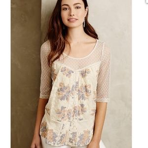 Anthropologie mesh top Y2K sheer Ivory Anja Floral Blouse Boho Lace Crochet XS
